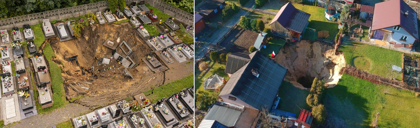 Dwa największe zapadliska po lewej na cmentarzu, po prawej na ogródkach działkowych w Trzebini dzielnica Osiedle Gaj